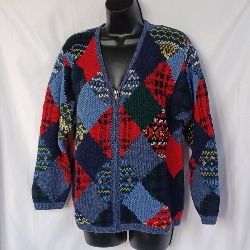 Vtg 90s Susan Bristol Casuals Patchwork Argyle Diamond Hand Knit Cardigan, 1998